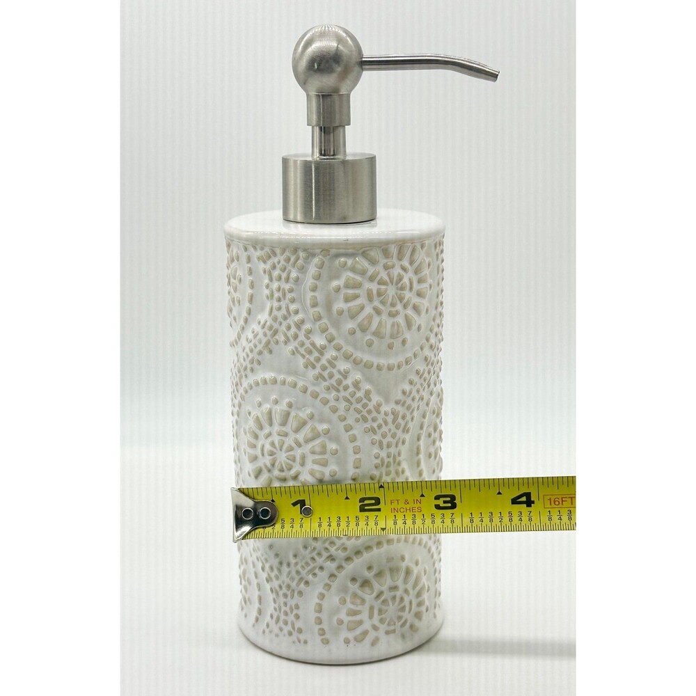 Caro White Embossed Texture 3D Ceramic Bathroom Soap Lotion Dispenser Bottle - Picture 5 of 5
